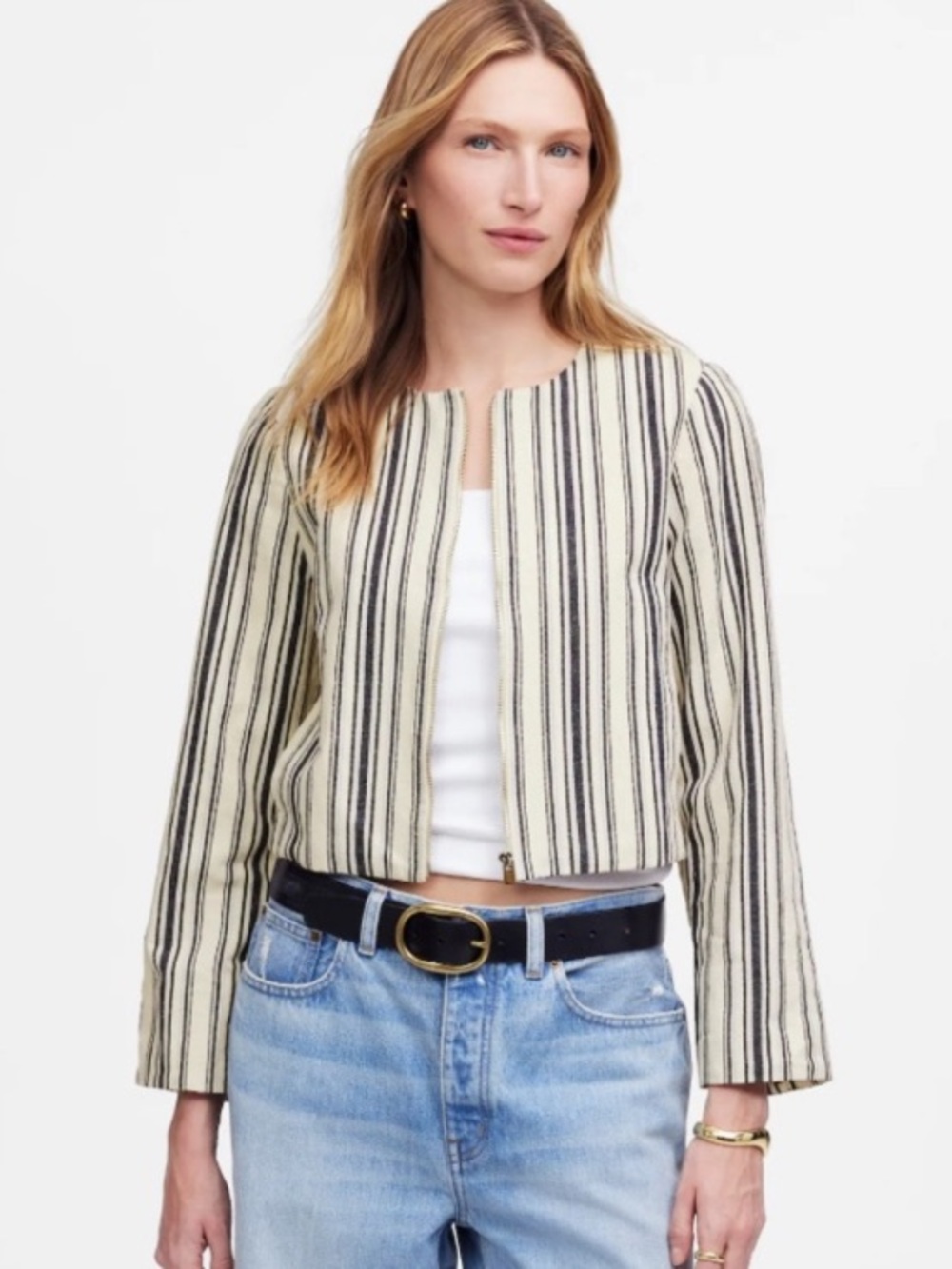 Madewell Crop Cardigan Jacket Striped Cotton Linen M Casual Coastal Neutral